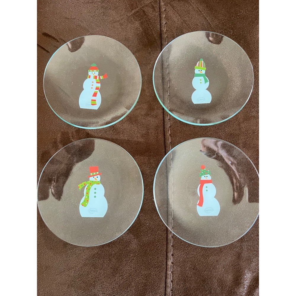 Pampered Chef Snowmen Round Appetizer Plates Set of 4 Clear Glass Holiday 3011